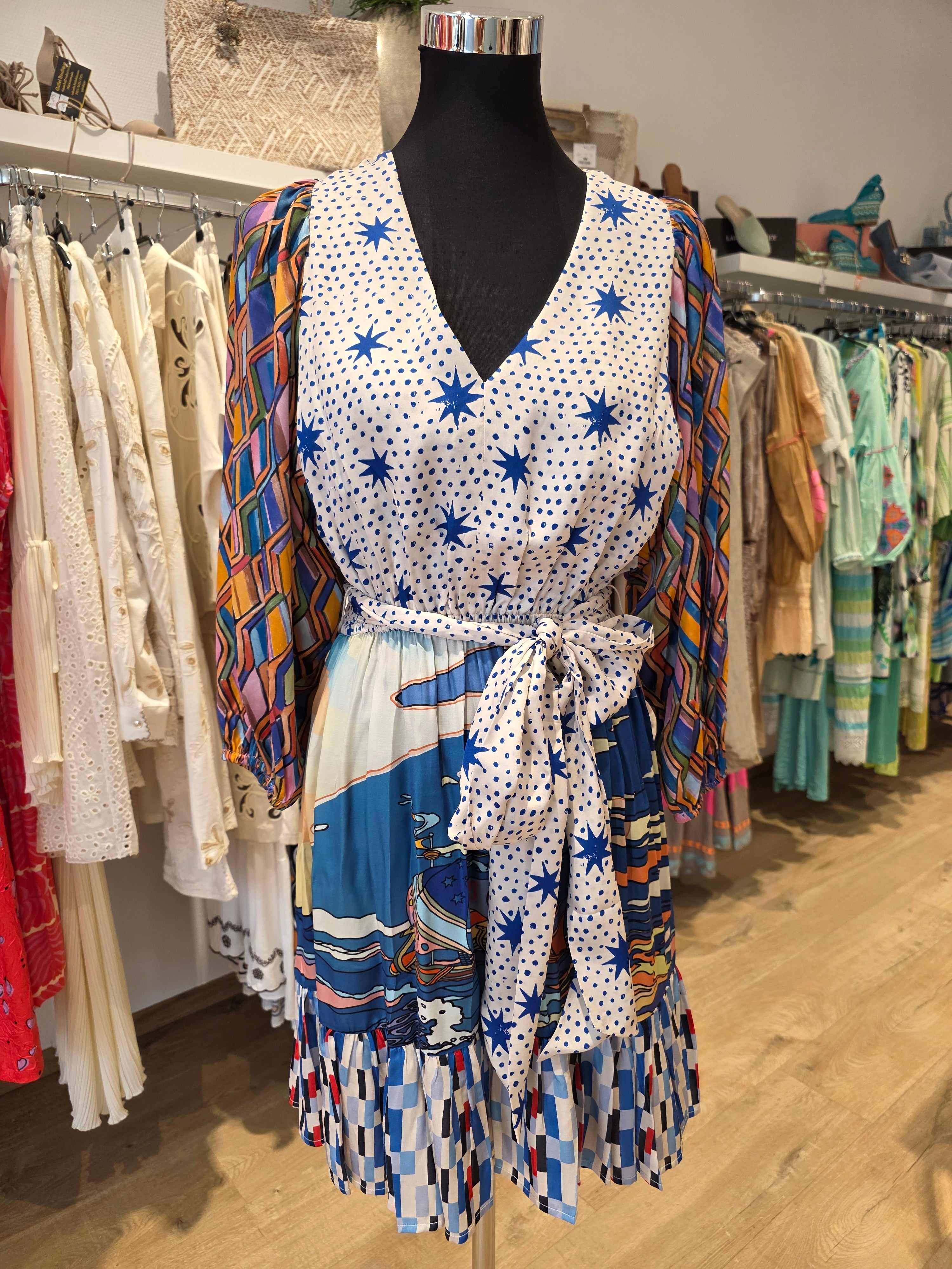 KLEID TUNIKAKLEID VISKOSE/SATIN BLAU/BUNT GR.S
