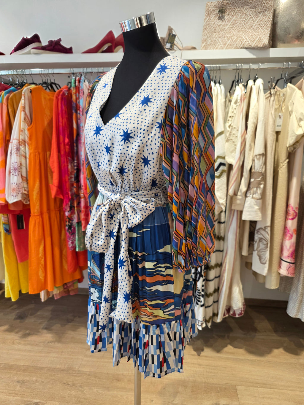 KLEID TUNIKAKLEID VISKOSE/SATIN BLAU/BUNT GR.S