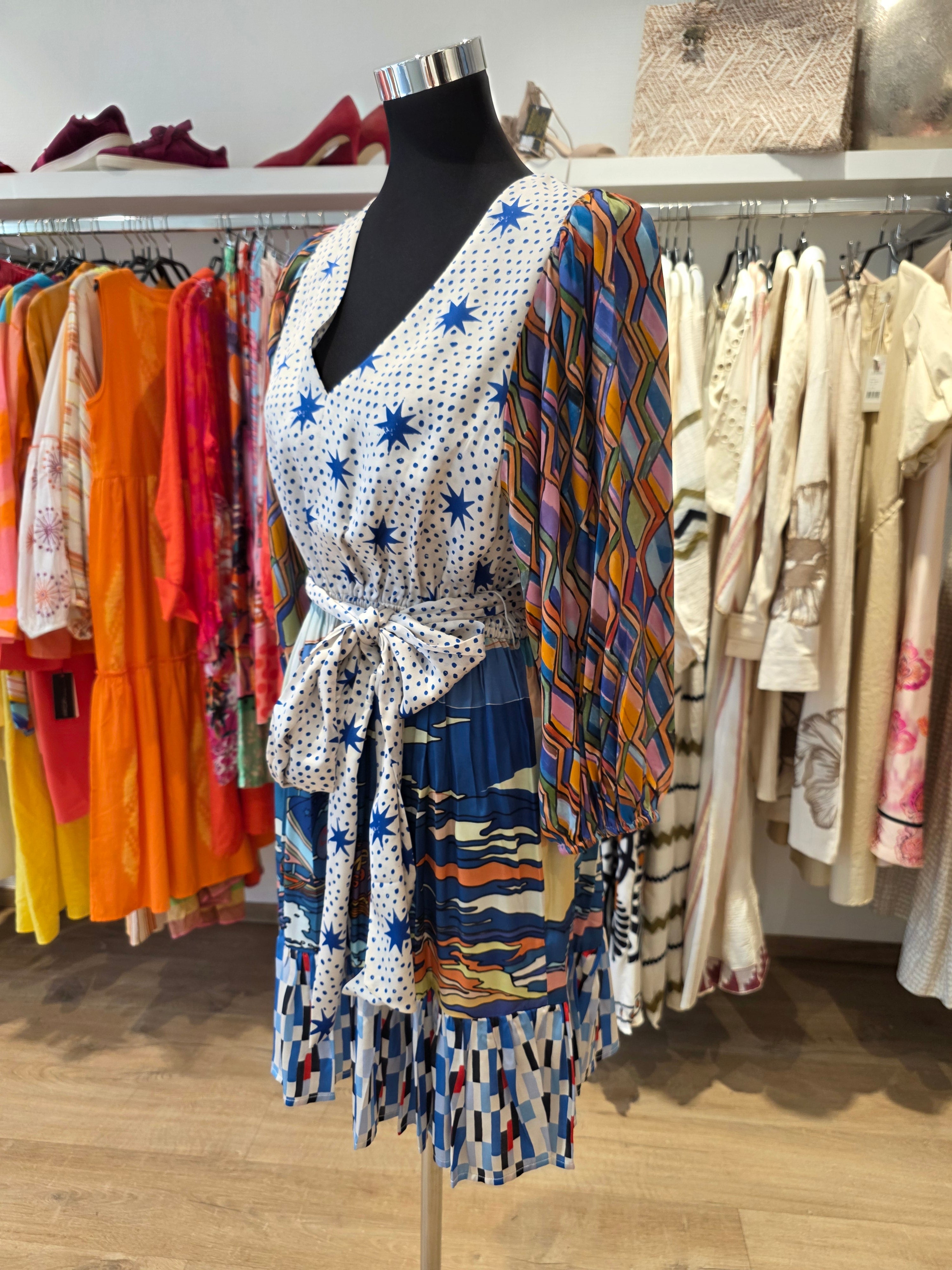 KLEID TUNIKAKLEID VISKOSE/SATIN BLAU/BUNT GR.S