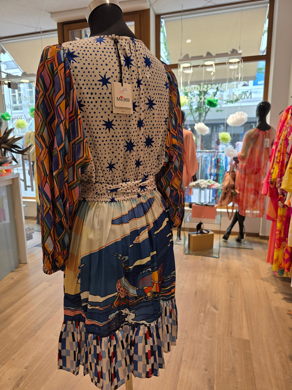 KLEID TUNIKAKLEID VISKOSE/SATIN BLAU/BUNT GR.S