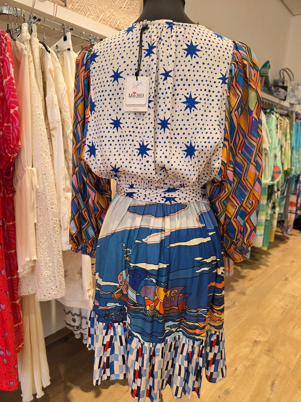 KLEID TUNIKAKLEID VISKOSE/SATIN BLAU/BUNT GR.S