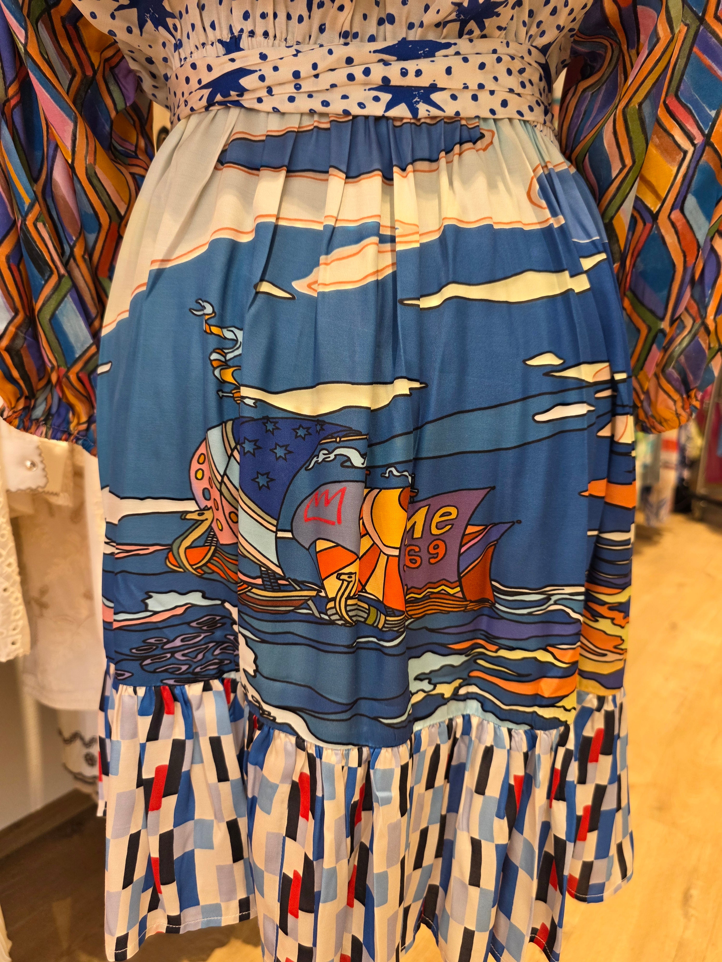 KLEID TUNIKAKLEID VISKOSE/SATIN BLAU/BUNT GR.S