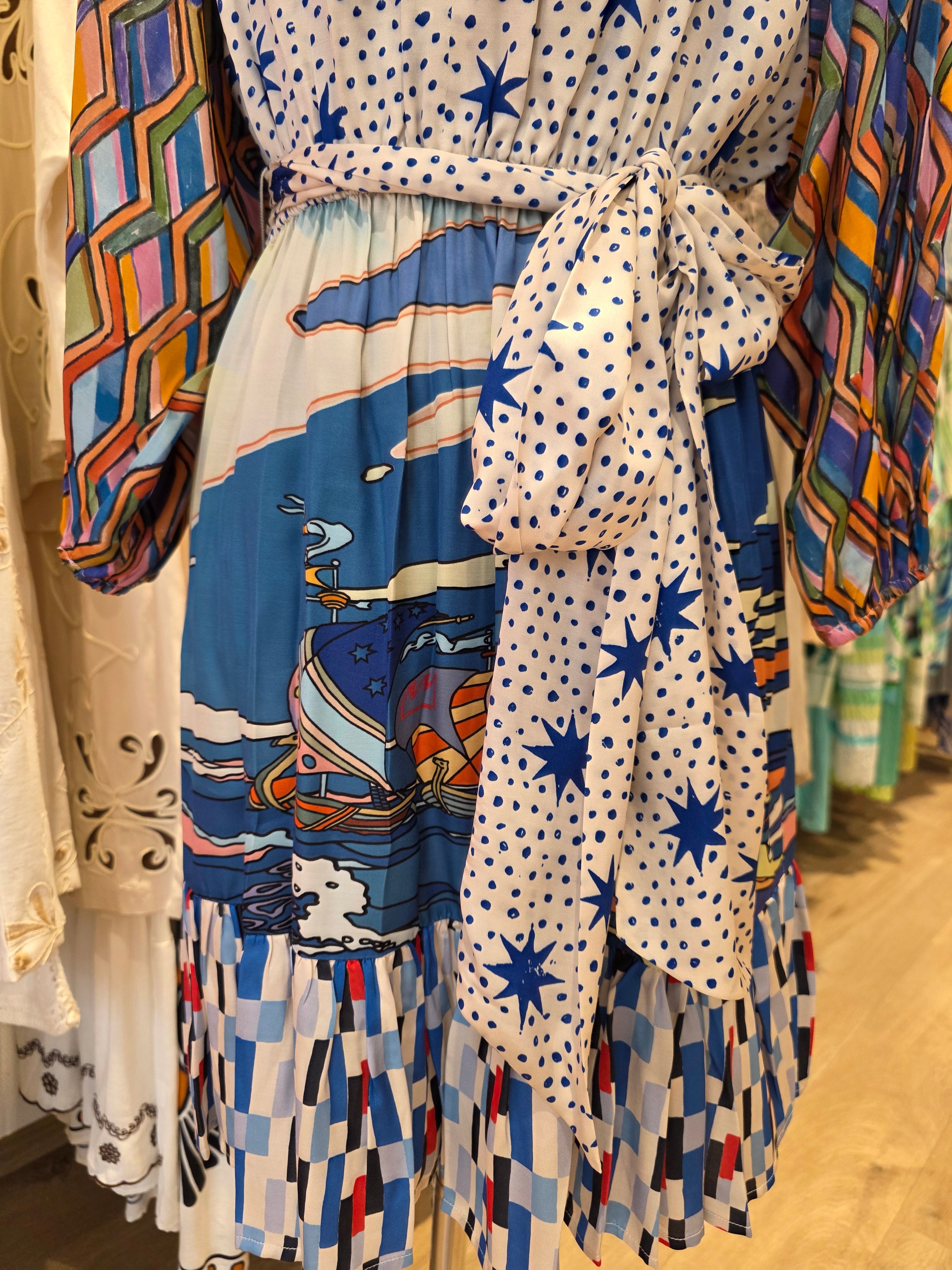 KLEID TUNIKAKLEID VISKOSE/SATIN BLAU/BUNT GR.S