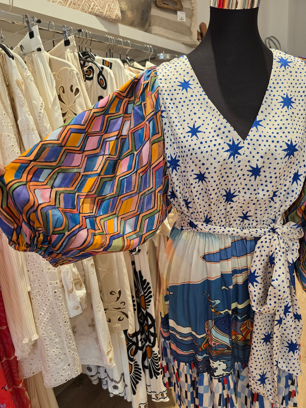 KLEID TUNIKAKLEID VISKOSE/SATIN BLAU/BUNT GR.S