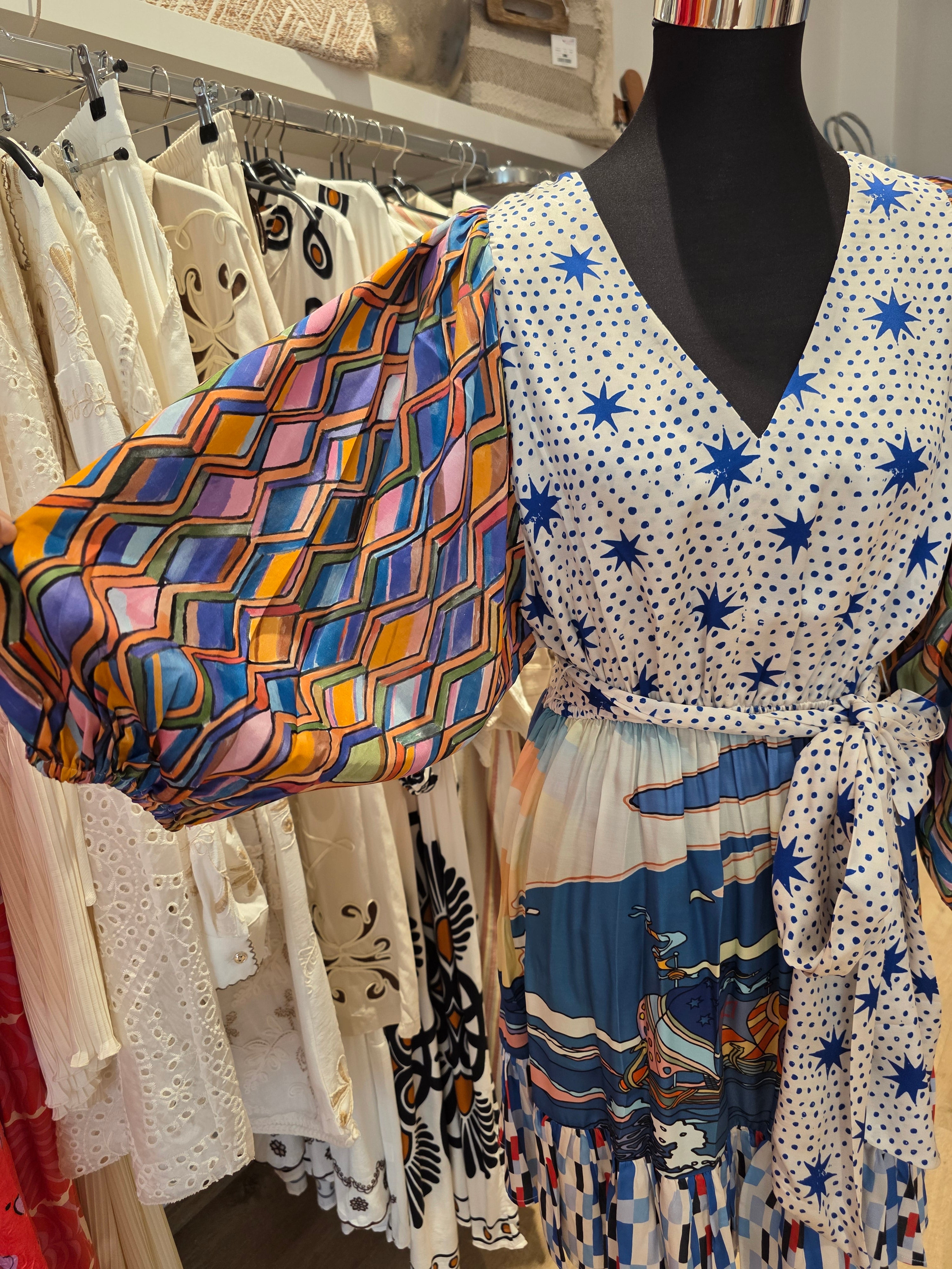 KLEID TUNIKAKLEID VISKOSE/SATIN BLAU/BUNT GR.S
