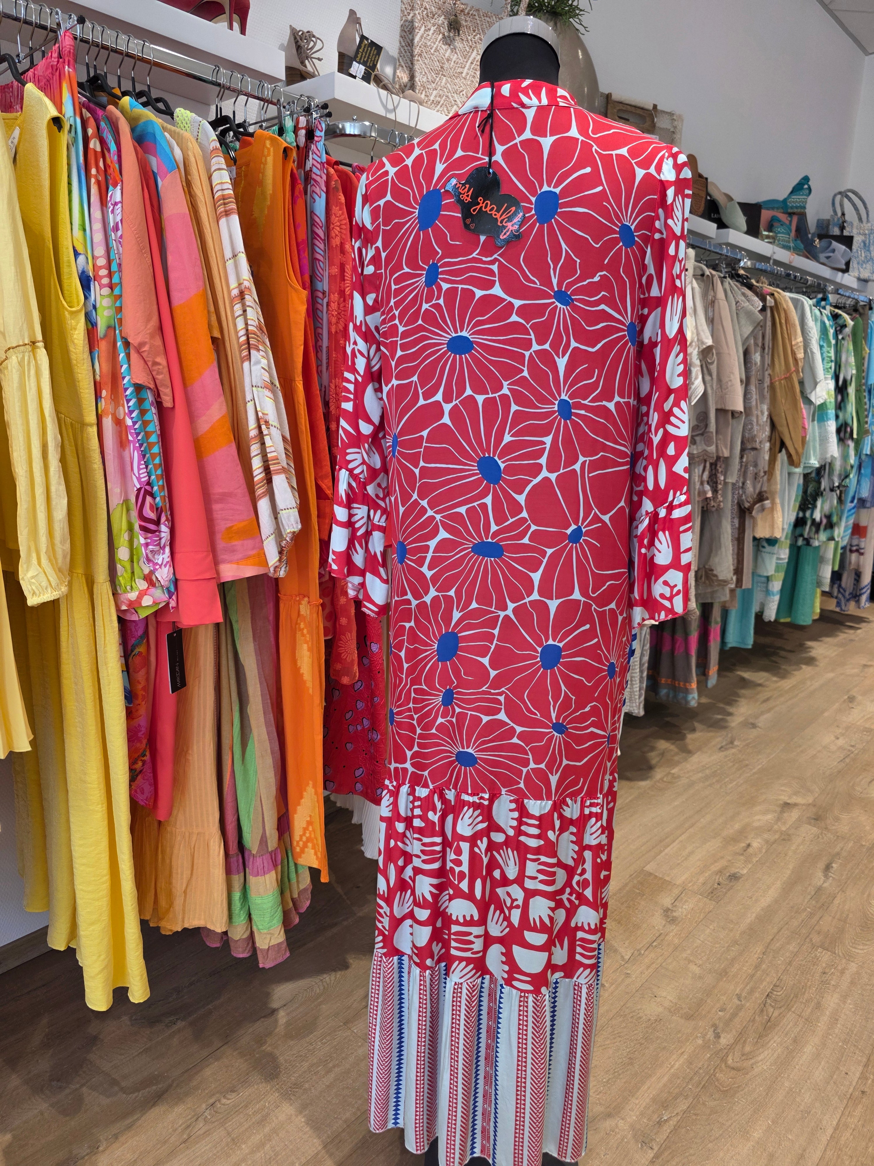MISS GOODLIFE KLEID MAXIKLEID ROT/BLAU VISKOSE/SATIN GR.XS/S