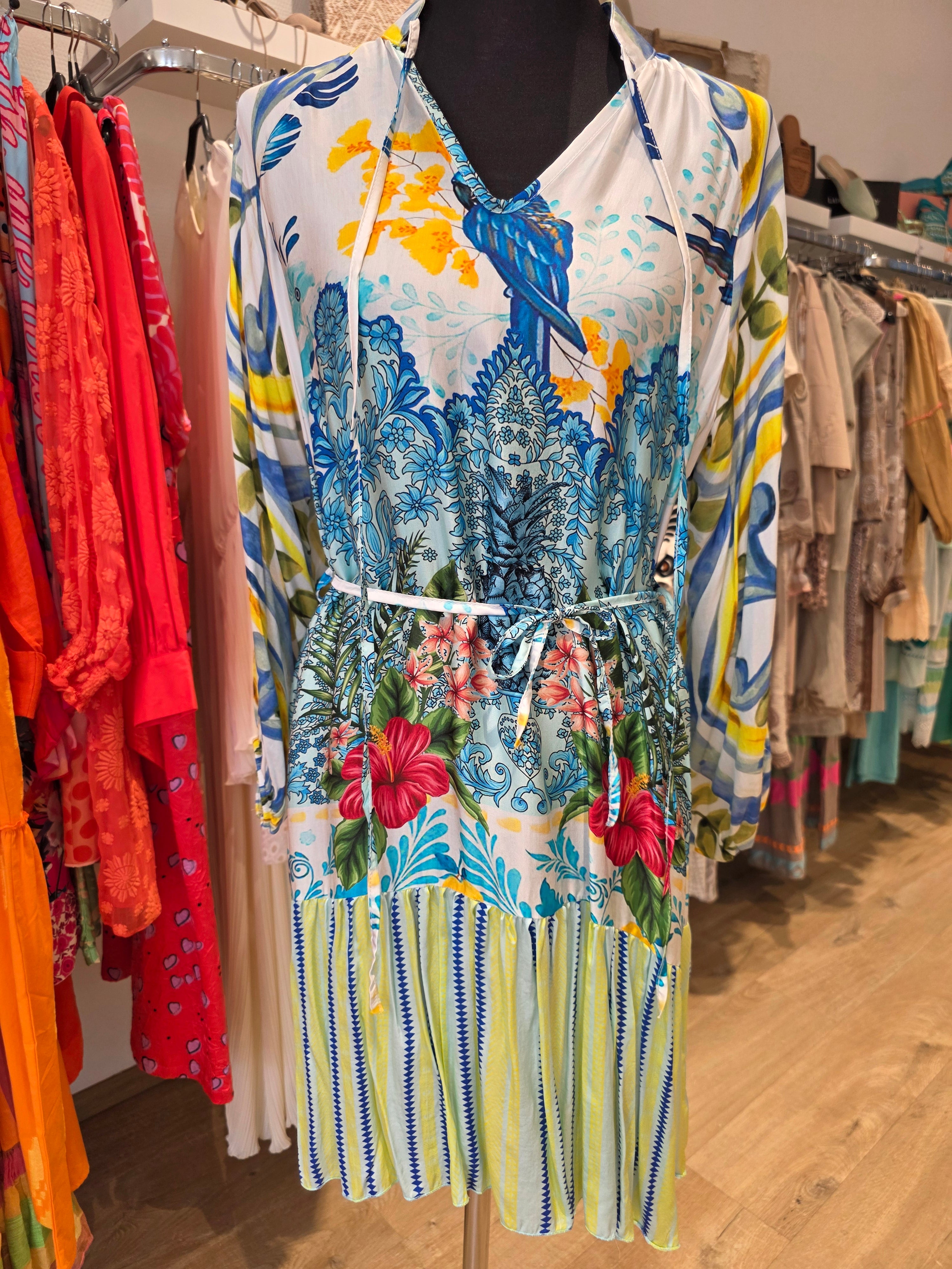 MISS GOODLIFE KLEID TUNIKAKLEID BLAU/GELB VISKOSE/SATIN GR.L