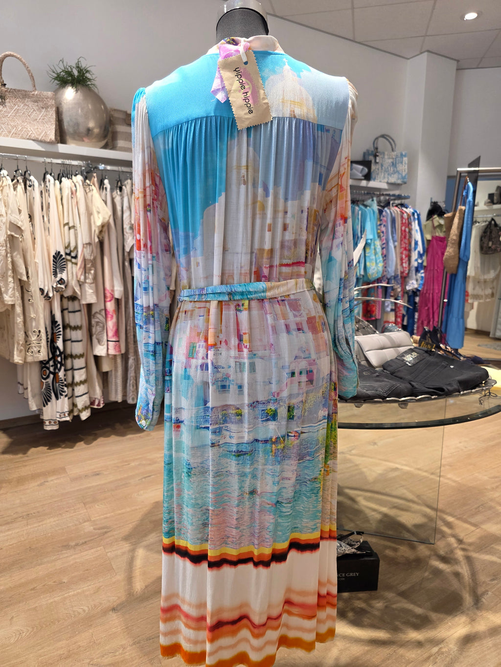 YIPPIE HIPPIE MIDIKLEID HEMDBLUSENKLEID  TÜRKIS/BUNT VISKOSE/RAYON GR.M