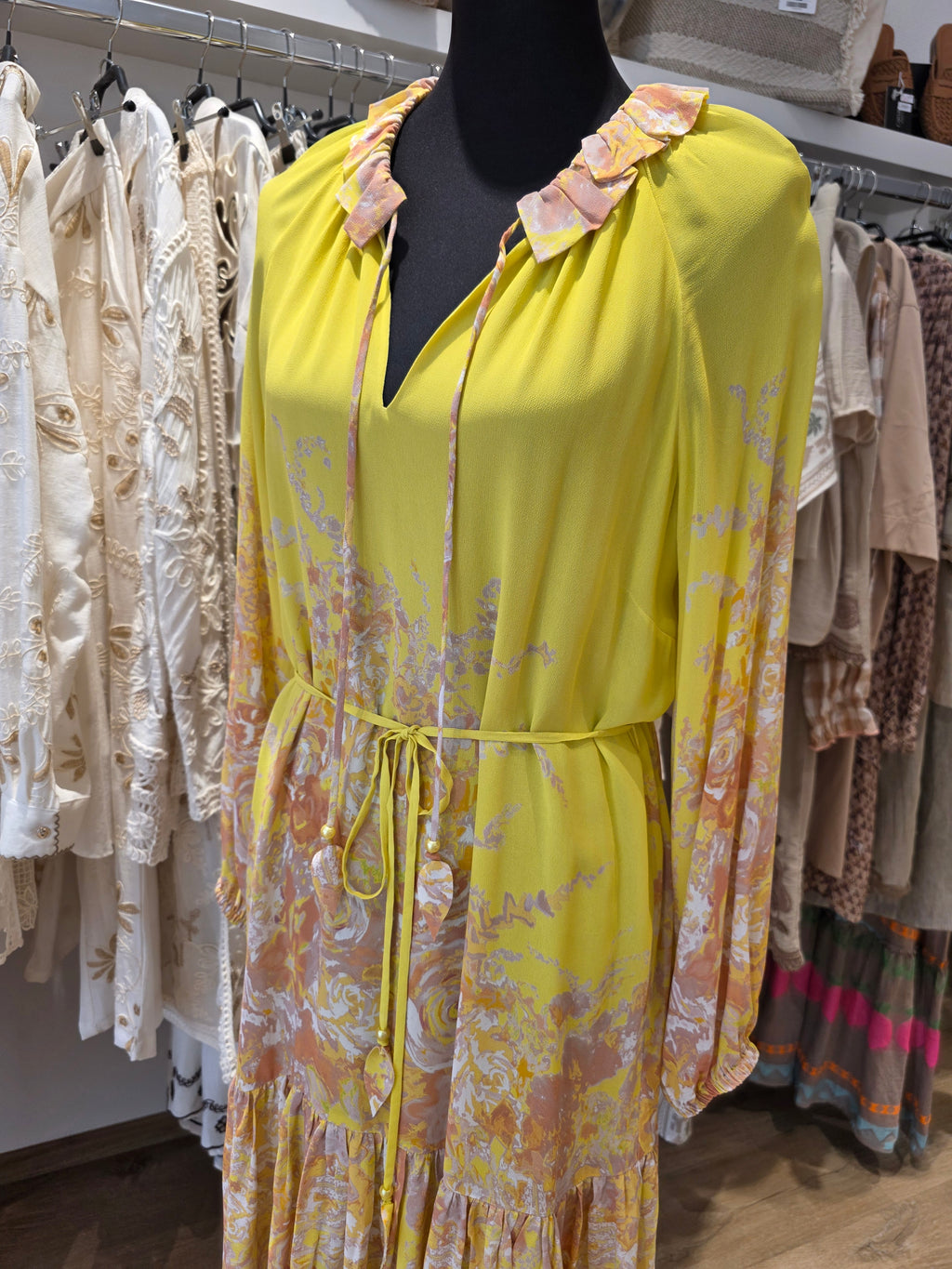 MINT&MIA KLEID SENFGELB VISKOSE/LEINEN/BAUMWOLLE GR.38