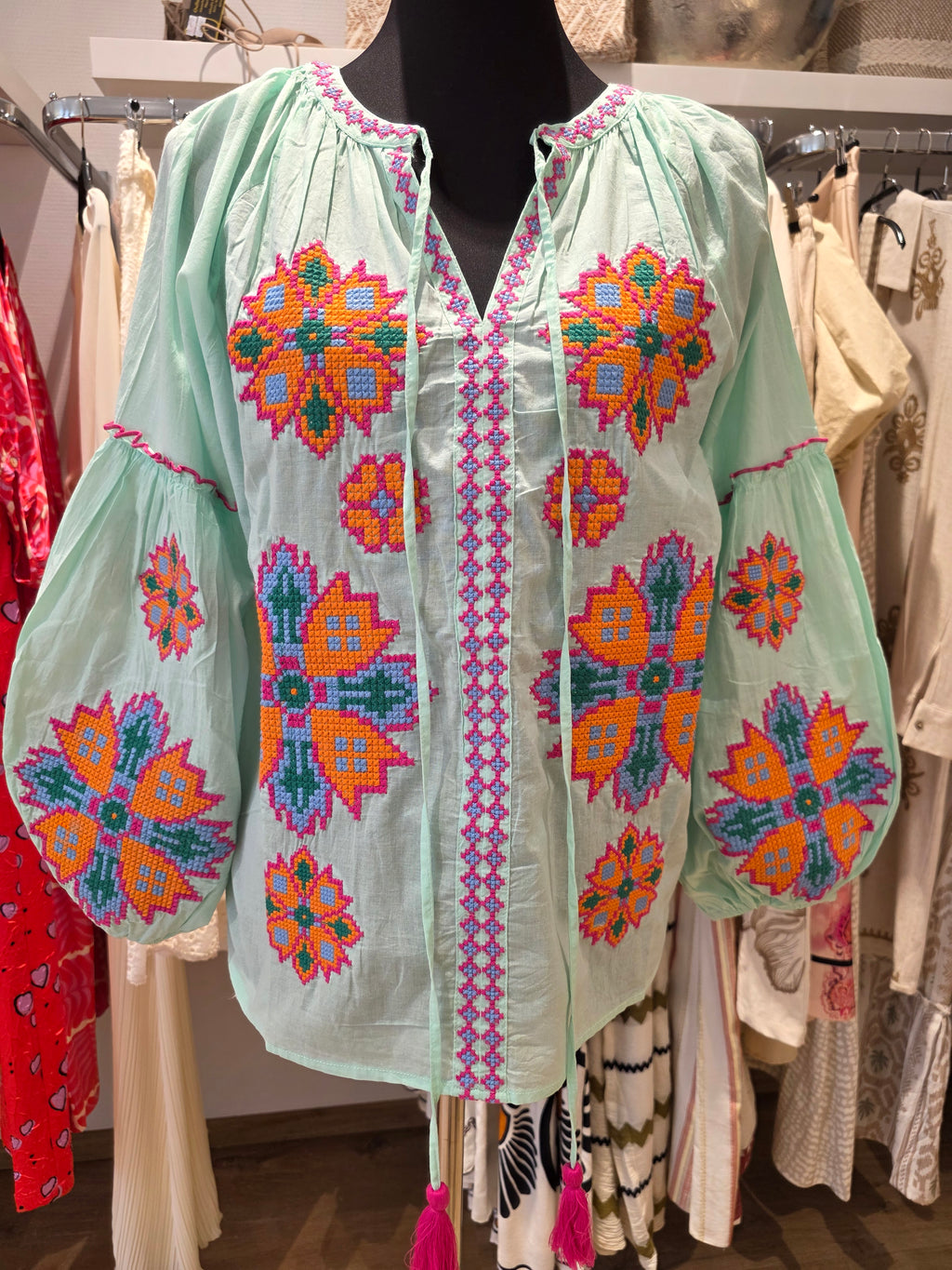 JEP HOLLAND TUNIKA BLUSE MINT/ORANGE BAUMWOLLE GR.L