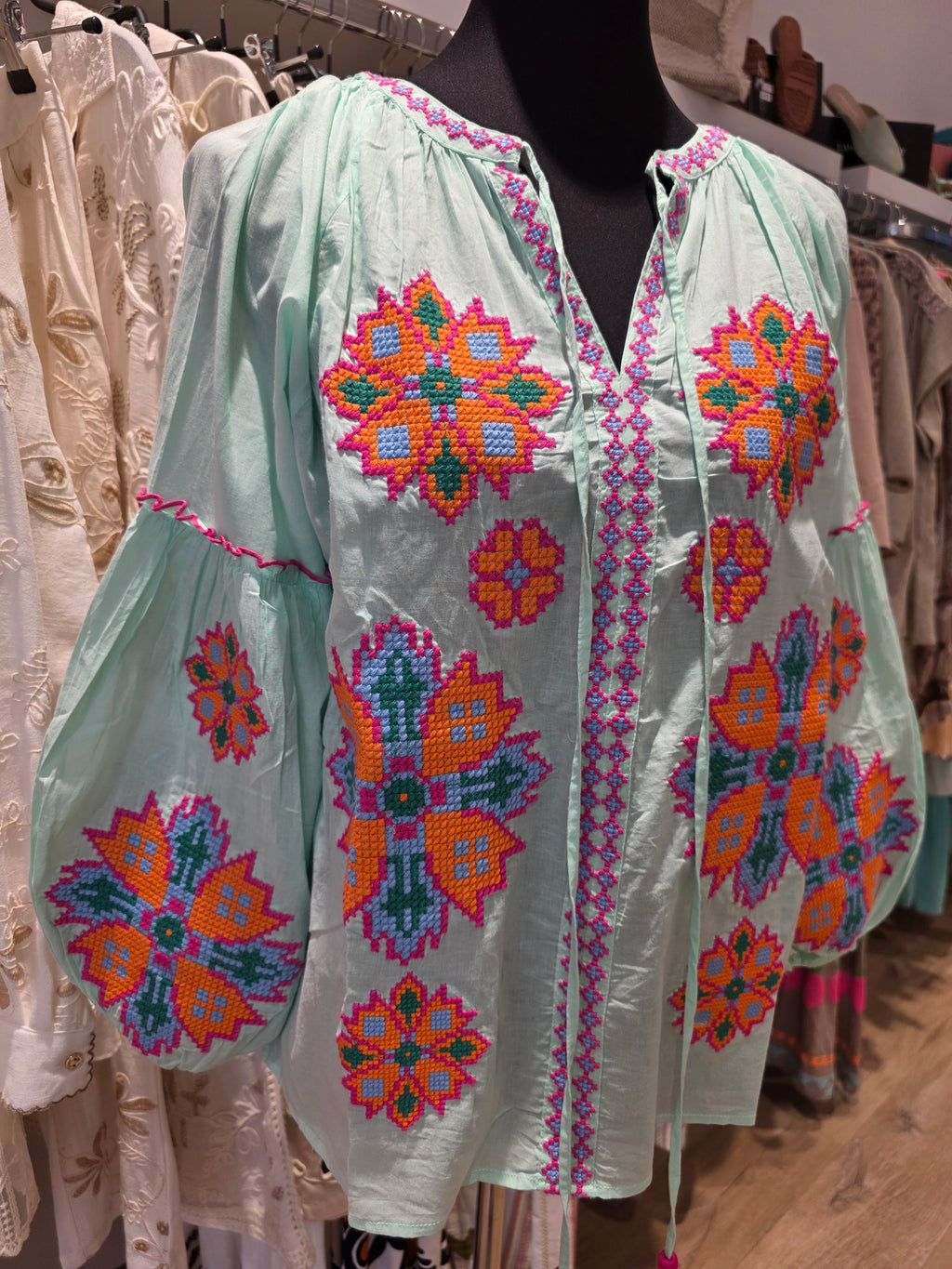 JEP HOLLAND TUNIKA BLUSE MINT/ORANGE BAUMWOLLE GR.L