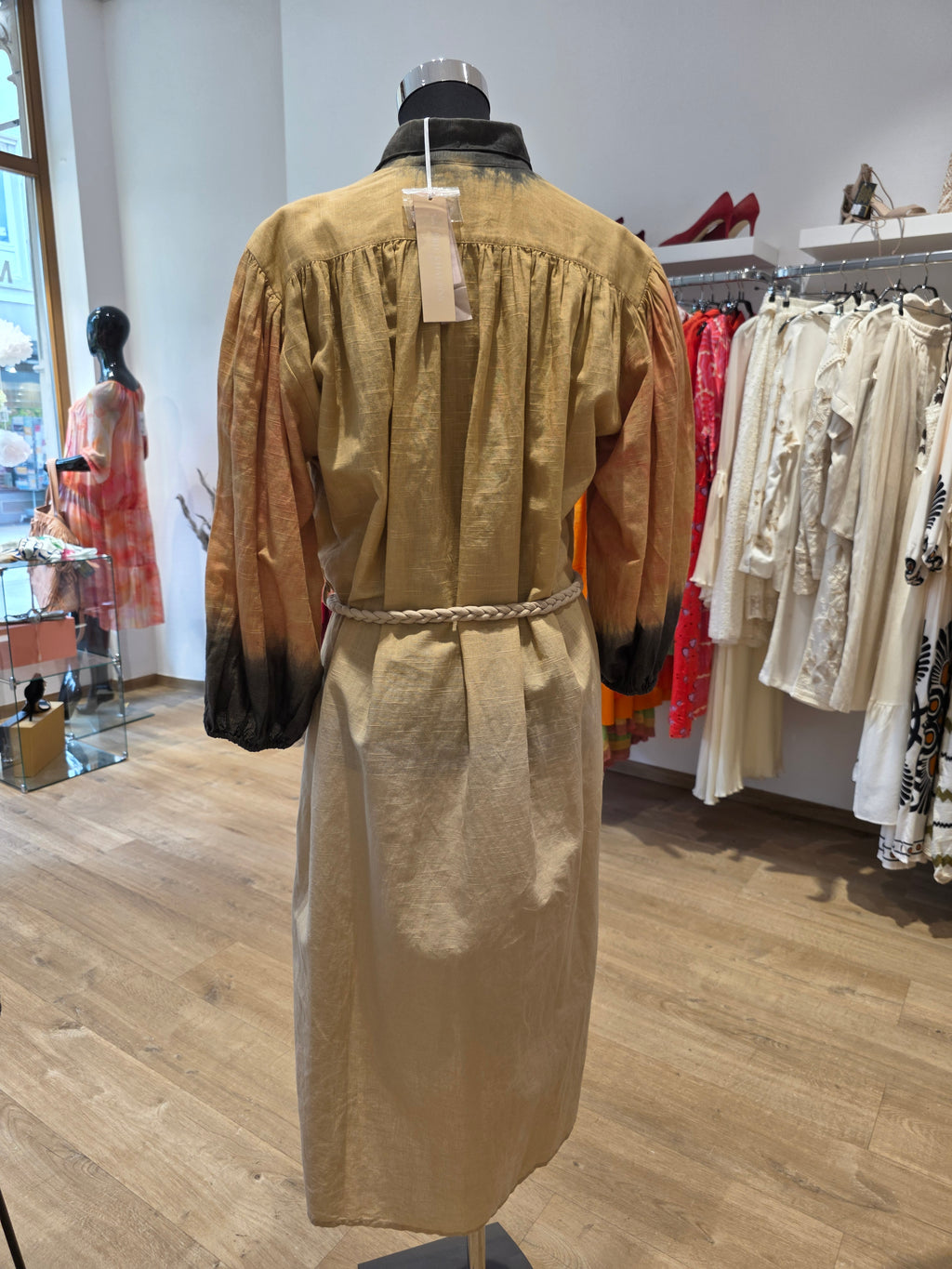 VALERIE KHALFON PARIS KLEID HEMDBLUSENKLEID SENFGELB/BEIGE  LEINEN/BAUMWOLLE GR.38/40