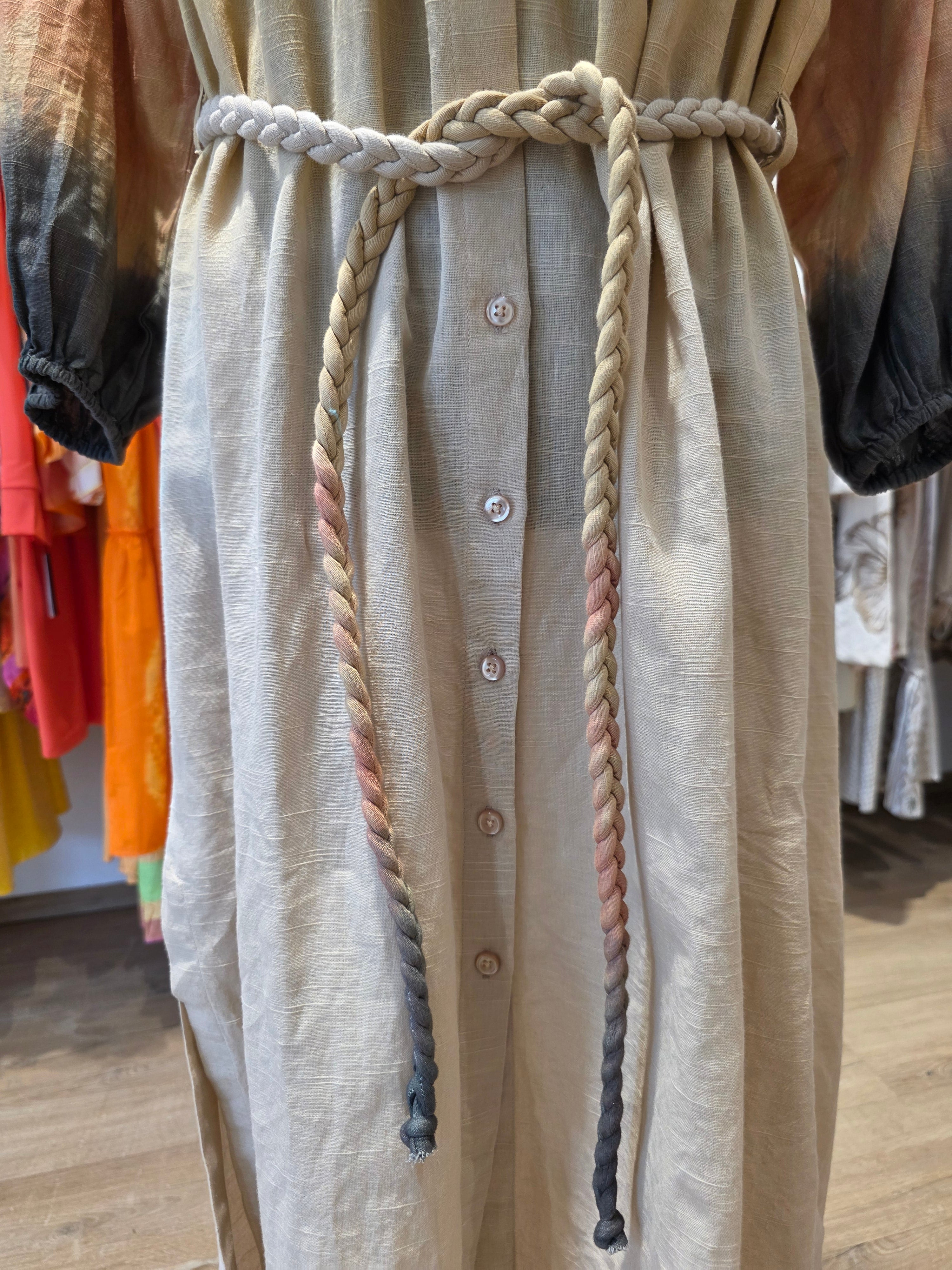 VALERIE KHALFON PARIS KLEID HEMDBLUSENKLEID SENFGELB/BEIGE  LEINEN/BAUMWOLLE GR.38/40