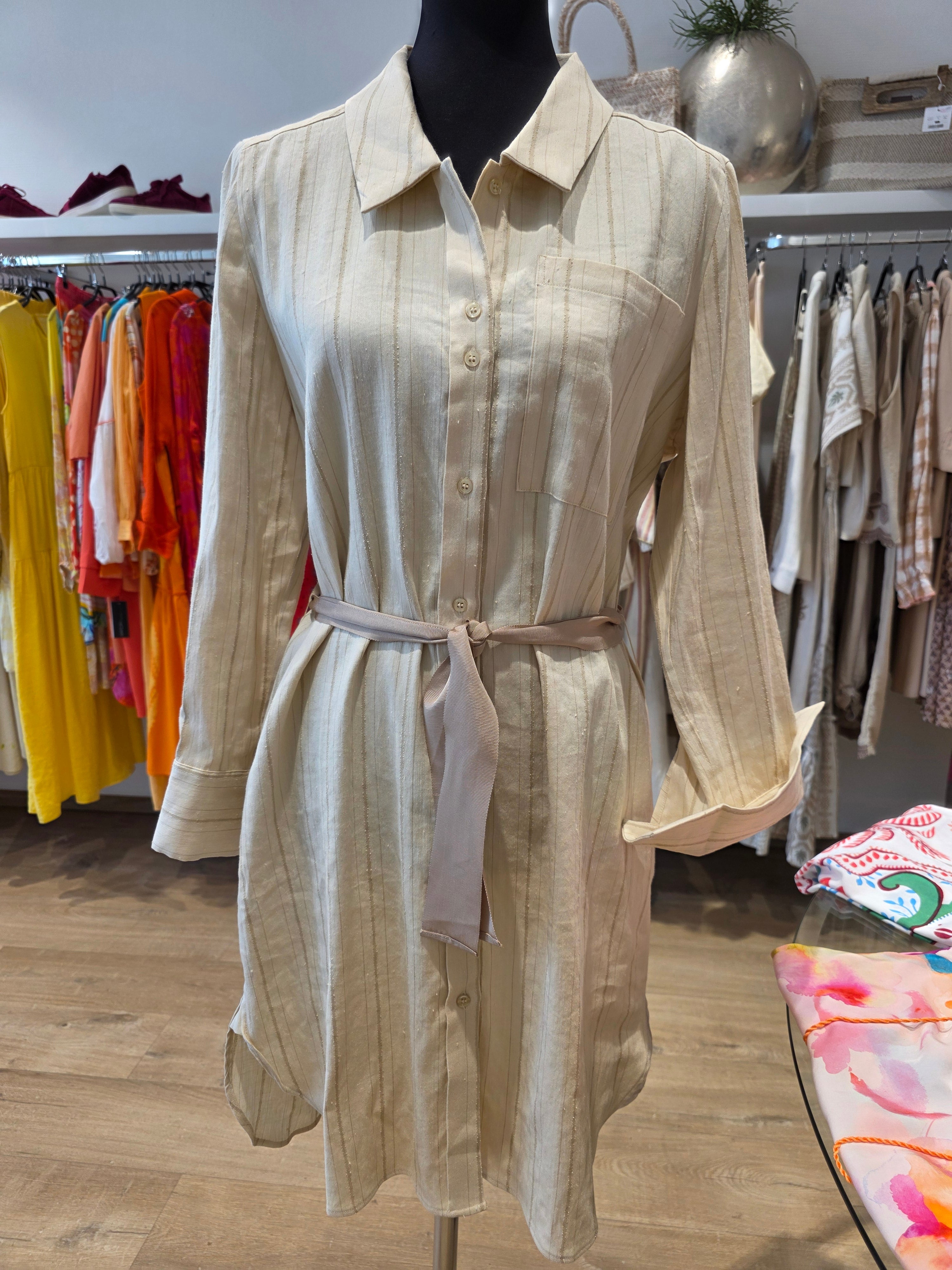 MAJE KLEID HEMDBLUSENKLEID BEIGE LEINEN/BAUMWOLLE GR.40
