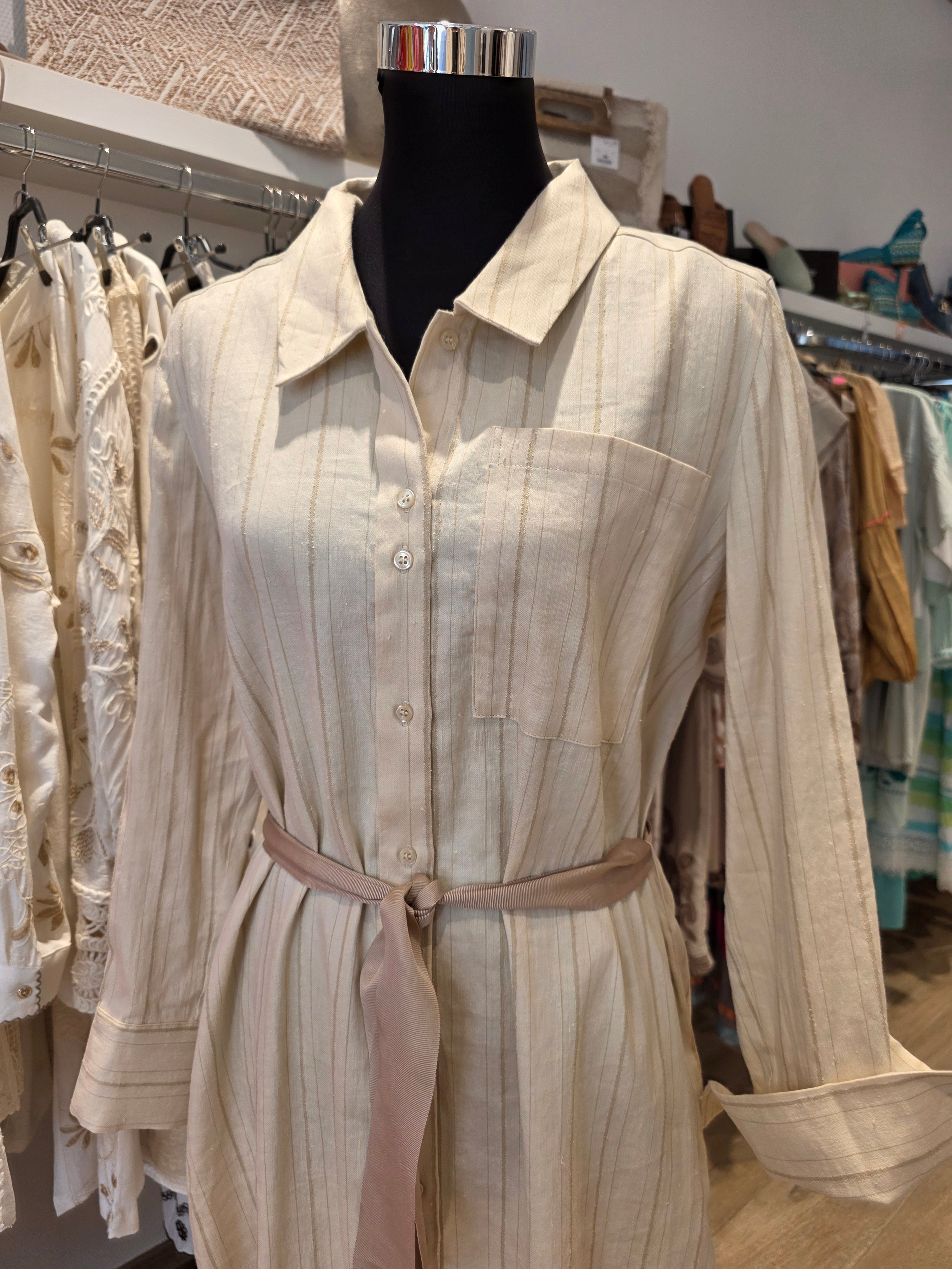 MAJE KLEID HEMDBLUSENKLEID BEIGE LEINEN/BAUMWOLLE GR.40