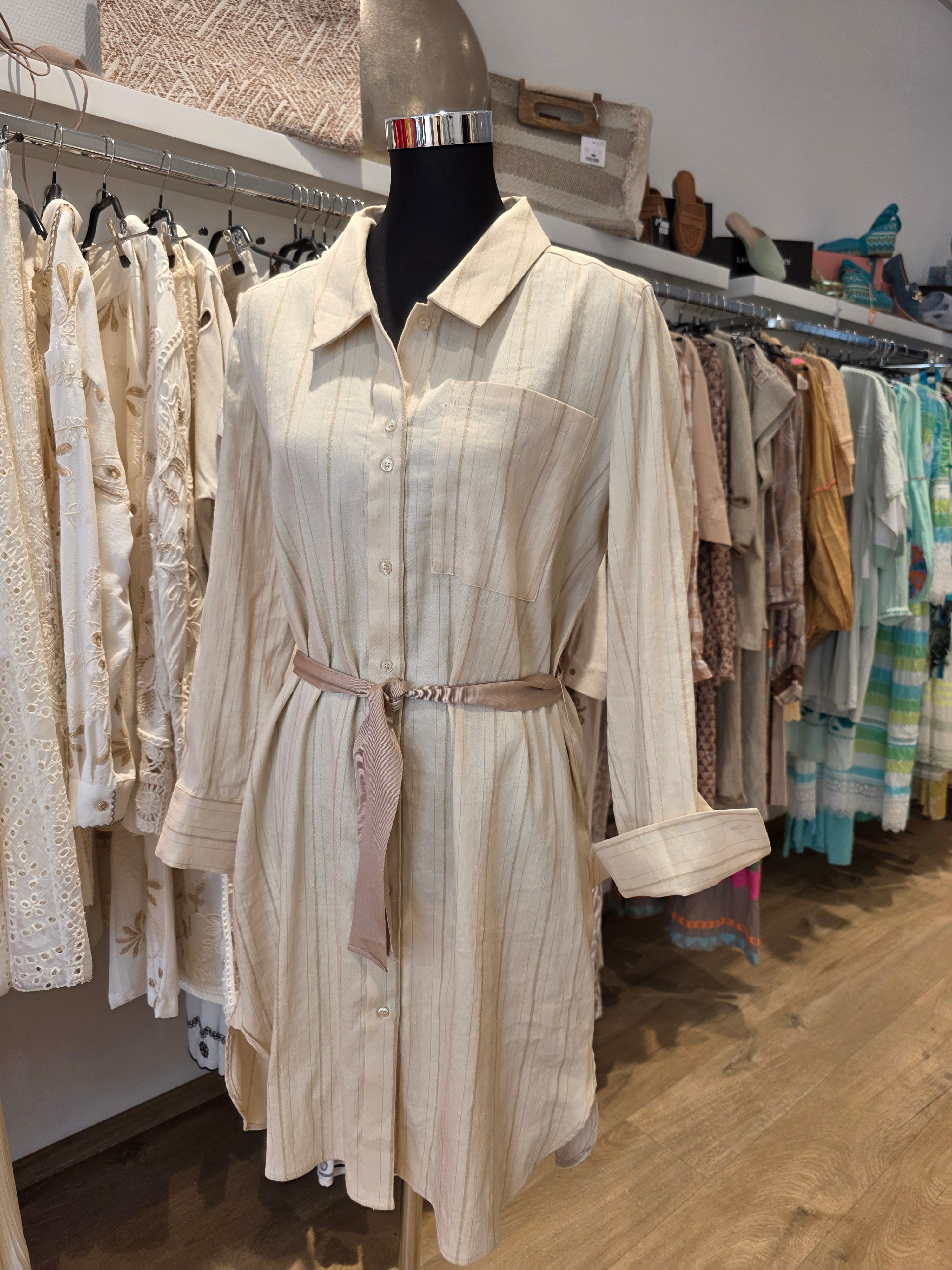 MAJE KLEID HEMDBLUSENKLEID BEIGE LEINEN/BAUMWOLLE GR.40