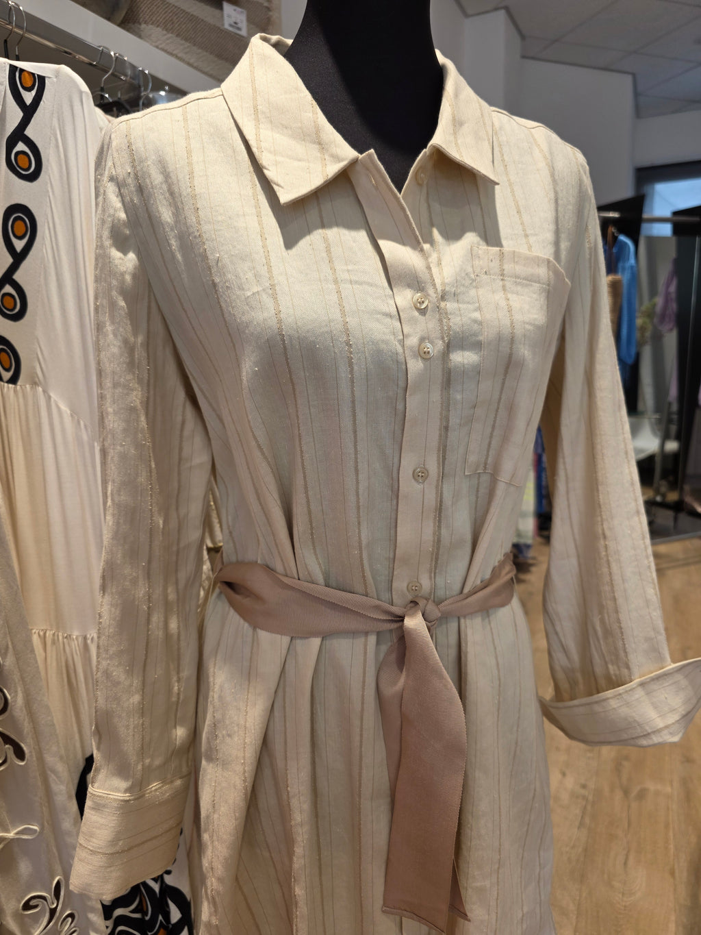 MAJE KLEID HEMDBLUSENKLEID BEIGE LEINEN/BAUMWOLLE GR.40